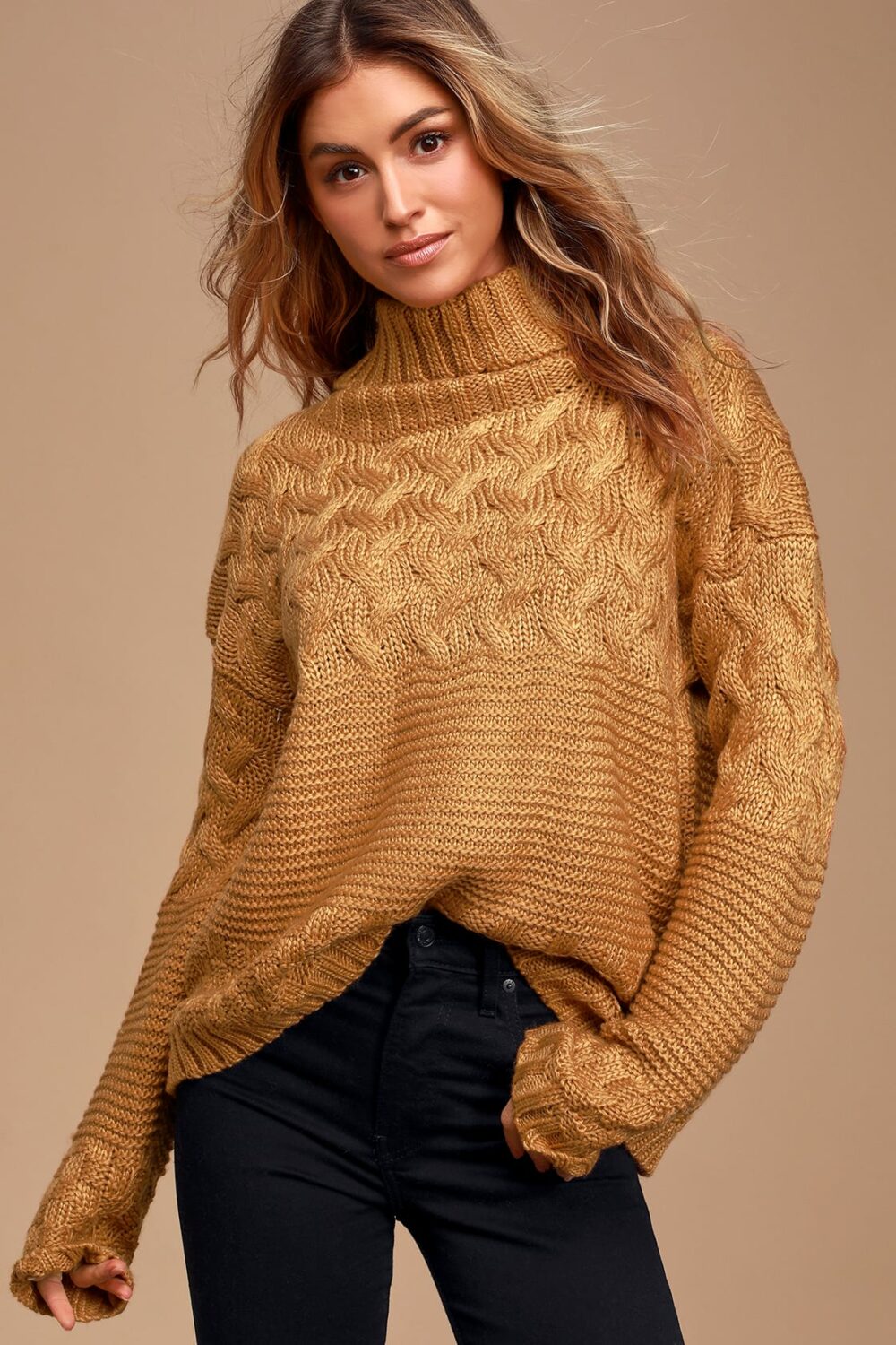 Adoring Heart Camel Knit Turtleneck Sweater will make you feel like the most cozy person in the world. With a big boxy body a really soft sweater is designed for the fall winter season.