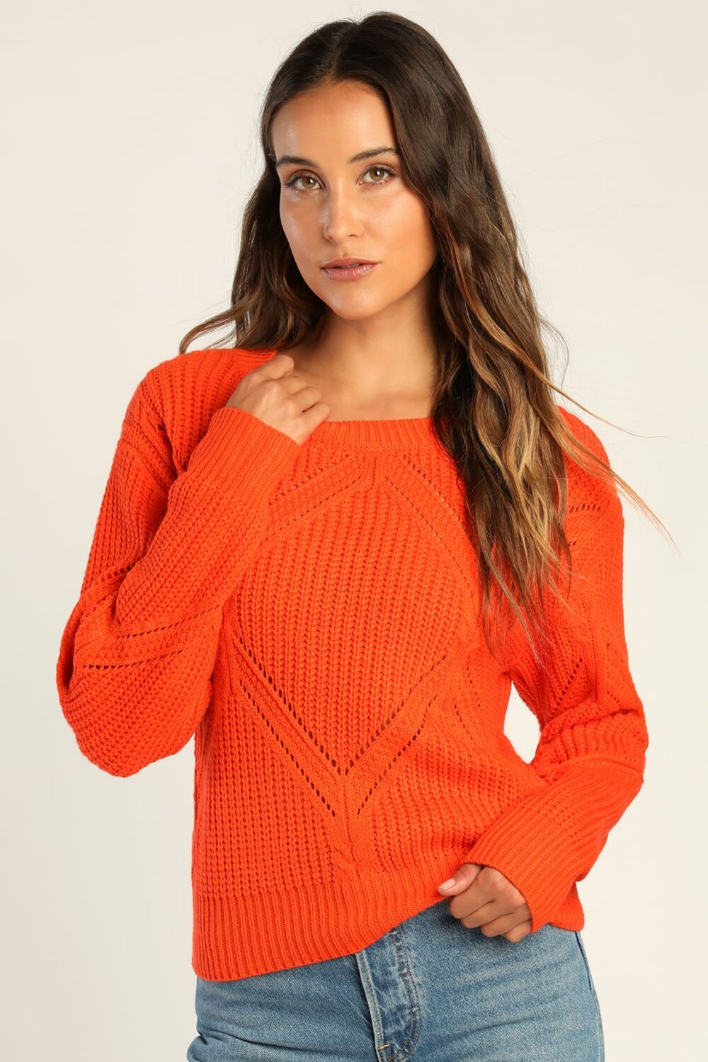 Bright Orange Long Sleeve Pullover Sweater with ribbed cuffs diamond shaped pointelle pattern can help you transition your wardrobe from summer to fall without sacrificing everyday cuteness