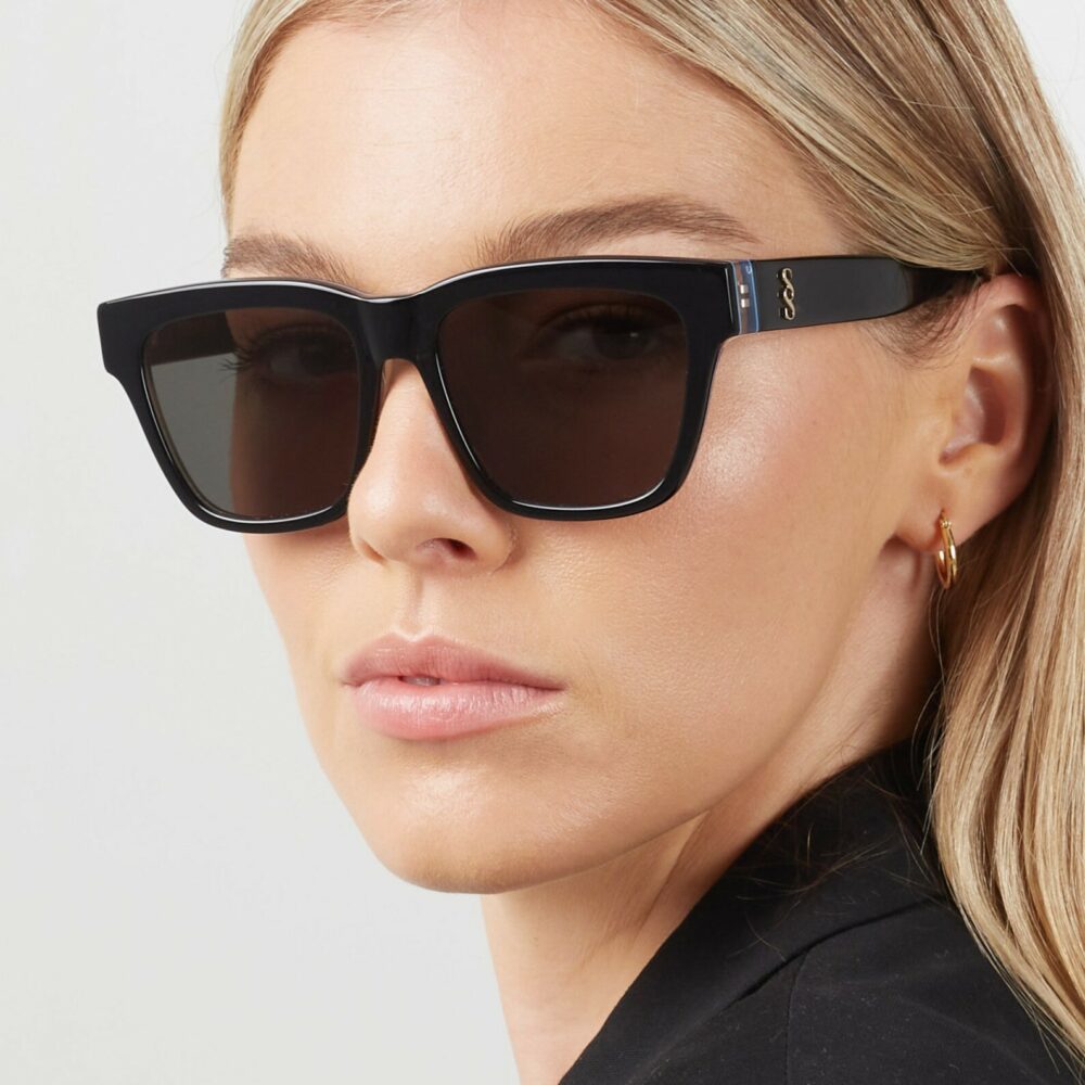 Elegant womens black wayfarer sunglasses. Made from thick black acetate in a square form that works for every face.