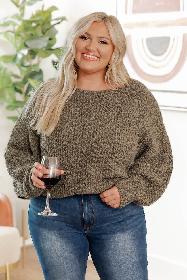 This fuzzy olive sweater with a boatneck long balloon sleeves is sure to win your heart over with its amazing soft texture and lightweight warmth.