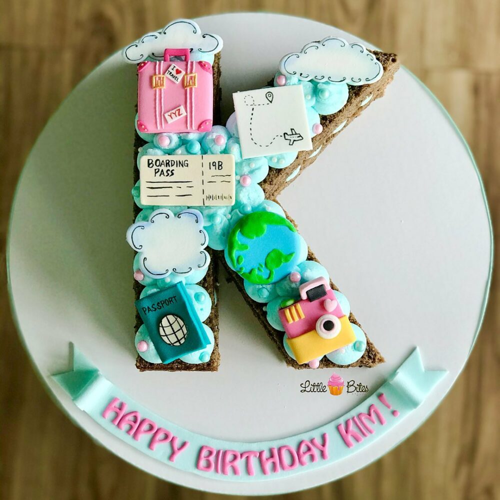 Sending your traveling friend this K letter birthday cake together with well wishes for a fun and safe journey is guaranteed to make their day