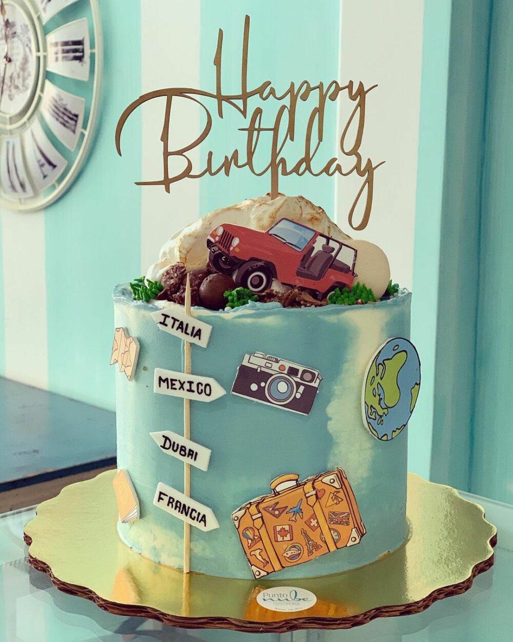 Share your warmest birthday wishes with the people you care about by giving them this travel themed cake.