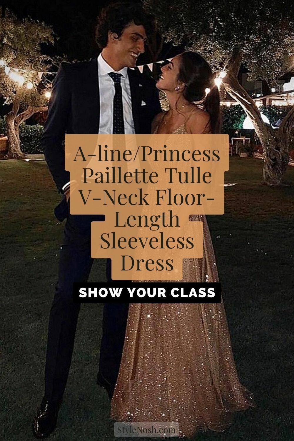 TOP A linePrincess Paillette Tulle V Neck Floor Length Sleeveless Dresses